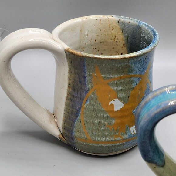 Studio Pottery Mug Thumb Rest Blue brown Drip Glaze Signed Eagle Lot Of 3 - Picture 4 of 7